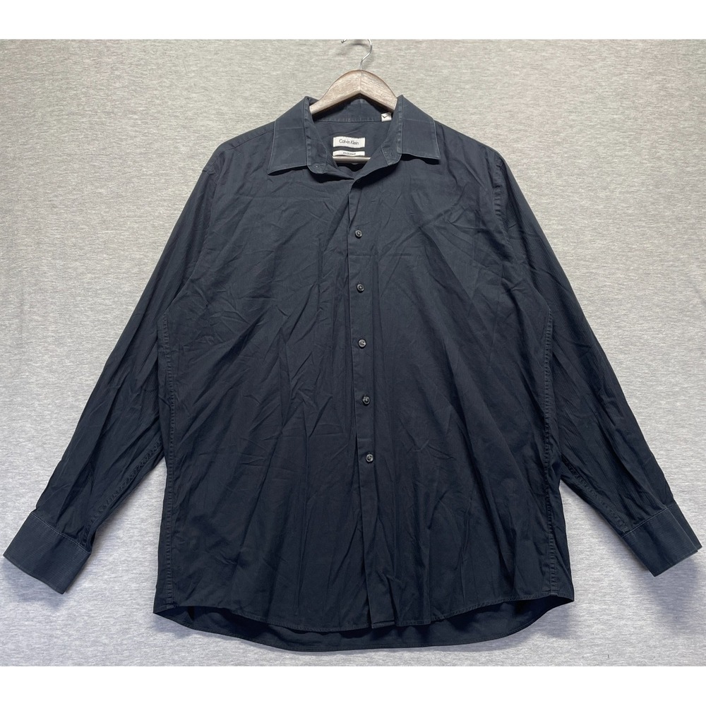 Calvin Klein Dress Shirt Mens 17 34/35 Black Slim Fit Stretch Business Button Up